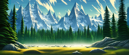 Landscape in scandinavian arctic forest, pine trees and snowy sunset, matte painting vector illustrationのイラスト素材