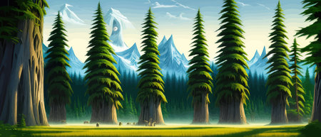 Landscape in scandinavian arctic forest, pine trees and snowy sunset, matte painting vector illustrationのイラスト素材