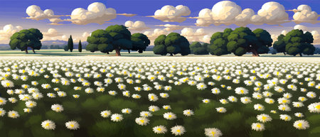 Summer landscape field daisies against backdrop mountains. Wild nature with sky with clouds sunset sun. Wild grassのイラスト素材