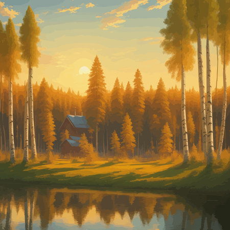 Vector illustration Autumn landscape golden alley park of birches near a pond , contemporary art impressionism abstractのイラスト素材