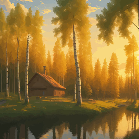 Vector illustration Autumn landscape golden alley park of birches near a pond , contemporary art impressionism abstractのイラスト素材