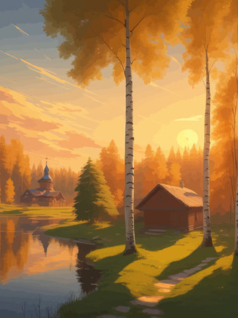 Vector illustration Autumn landscape golden alley park of birches near a pond , contemporary art impressionism abstractのイラスト素材