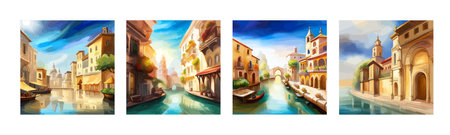Old town street with water channel Stray vinice background, city landscape view, watercolor drawing, Vector illustration.のイラスト素材