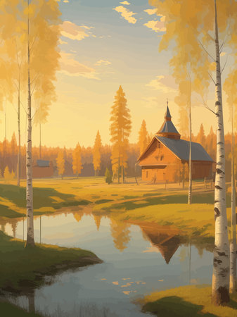 Vector illustration Autumn landscape golden alley park -modern art impressionism abstract landscape, Russian ruralのイラスト素材