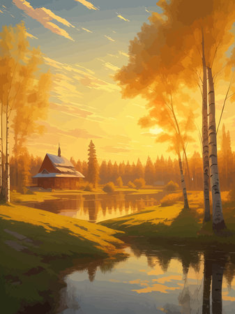Vector illustration Autumn landscape golden alley park -modern art impressionism abstract landscape, Russian ruralのイラスト素材