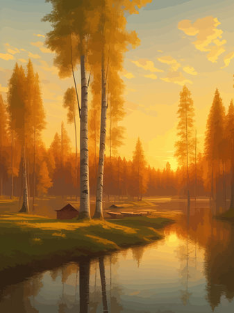 Vector illustration Autumn landscape golden alley park -modern art impressionism abstract landscape, Russian ruralのイラスト素材