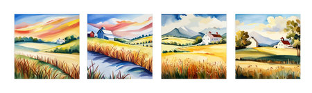 Farm on a hill with yellow or golden wheat field in a watercolor style, agriculture, cultivation, countryside, fieldのイラスト素材