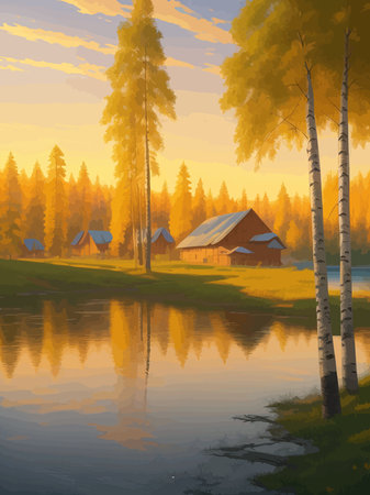 Vector illustration Autumn landscape golden alley park -modern art impressionism abstract landscape, Russian ruralのイラスト素材