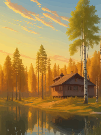 Vector illustration Autumn landscape golden alley park of birches near a pond , contemporary art impressionism abstractのイラスト素材
