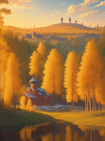 Vector illustration Autumn landscape golden alley park -modern art impressionism abstract landscape, Russian ruralのイラスト素材
