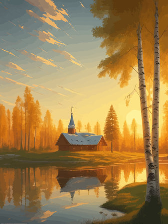 Vector illustration Autumn landscape golden alley park of birches near a pond , contemporary art impressionism abstractのイラスト素材