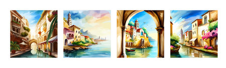 Old town street with water channel Stray vinice background, city landscape view, watercolor drawing, Vector illustration.のイラスト素材