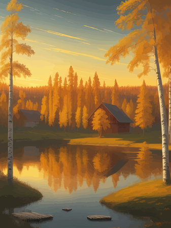 Vector illustration Autumn landscape golden alley park -modern art impressionism abstract landscape, Russian ruralのイラスト素材