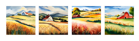 Farm on a hill with yellow or golden wheat field in a watercolor style, agriculture, cultivation, countryside, fieldのイラスト素材