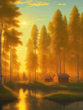 Vector illustration Autumn landscape golden alley park of birches near a pond , contemporary art impressionism abstractのイラスト素材