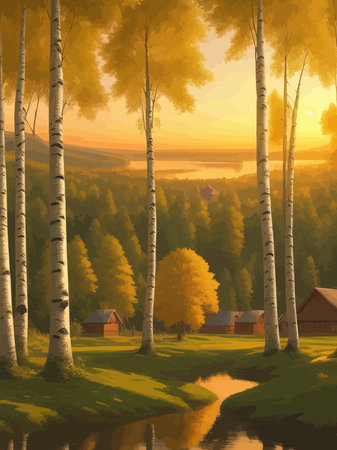 Vector illustration Autumn landscape golden alley park -modern art impressionism abstract landscape, Russian ruralのイラスト素材