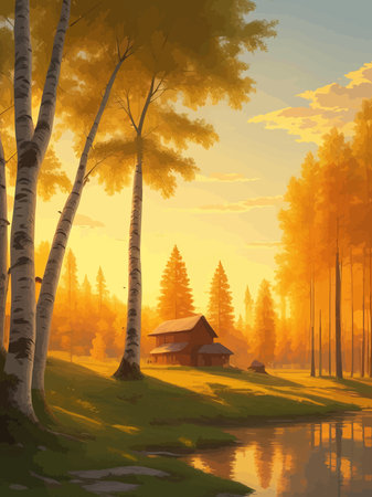 Vector illustration Autumn landscape golden alley park of birches near a pond , contemporary art impressionism abstractのイラスト素材