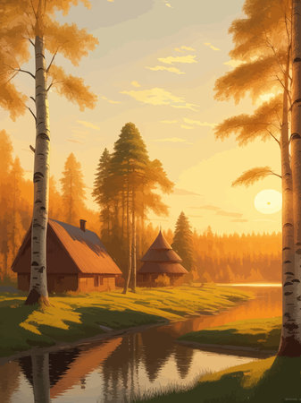 Vector illustration Autumn landscape golden alley park of birches near a pond , contemporary art impressionism abstractのイラスト素材