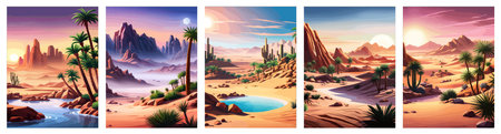 Desert background Summer with sun, sand, clouds, palms Trees Vector design style Nature Landscape.のイラスト素材