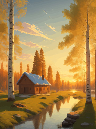 Vector illustration Autumn landscape golden alley park -modern art impressionism abstract landscape, Russian ruralのイラスト素材