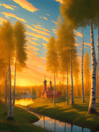 Vector illustration Autumn landscape golden alley park of birches near a pond , contemporary art impressionism abstractのイラスト素材
