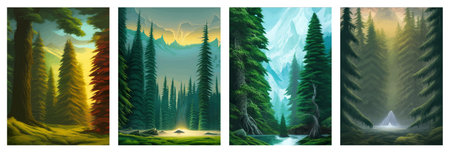 Landscape in scandinavian arctic forest, pine trees and snowy sunset, matte painting vector illustrationの写真素材
