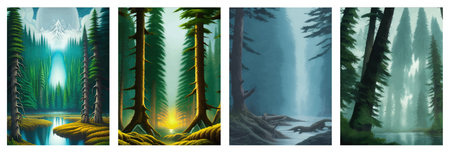 Landscape in scandinavian arctic forest, pine trees and snowy sunset, matte painting vector illustrationの写真素材