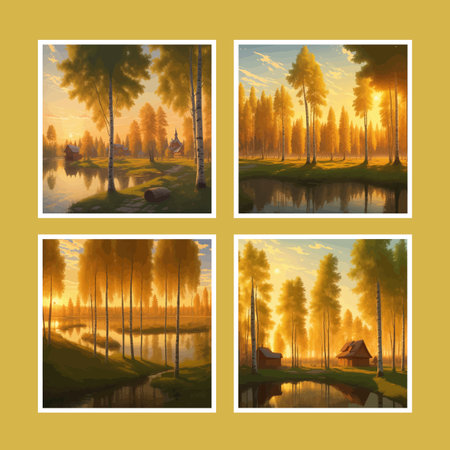 Vector illustration Autumn landscape golden alley park of birches near a pond , contemporary art impressionism abstractの写真素材