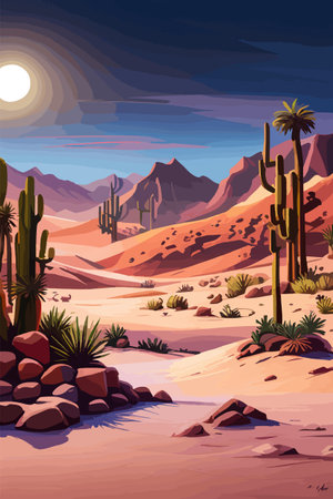 Desert background Summer with sun, sand, clouds, palms Trees Vector design style Nature Landscape.のイラスト素材