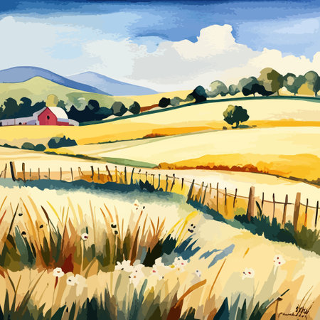 Farm on a hill with yellow or golden wheat field in a watercolor style, agriculture, cultivation, countryside, fieldのイラスト素材