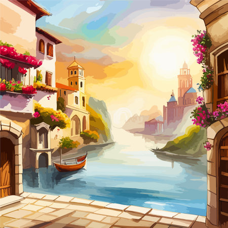 Old town street with water channel Stray vinice background, city landscape view, watercolor drawing, Vector illustration.のイラスト素材