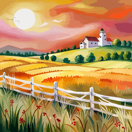 Farm on a hill with yellow or golden wheat field in a watercolor style, agriculture, cultivation, countryside, fieldのイラスト素材