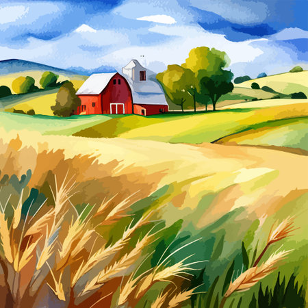 Farm on a hill with yellow or golden wheat field in a watercolor style, agriculture, cultivation, countryside, fieldのイラスト素材