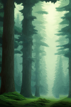 Landscape in scandinavian arctic forest, pine trees and snowy sunset, matte painting vector illustrationのイラスト素材