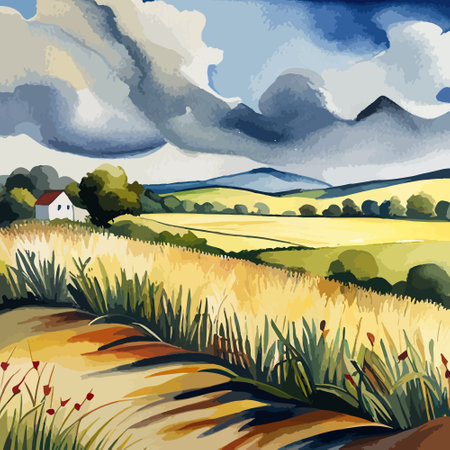 Farm on a hill with yellow or golden wheat field in a watercolor style, agriculture, cultivation, countryside, fieldのイラスト素材