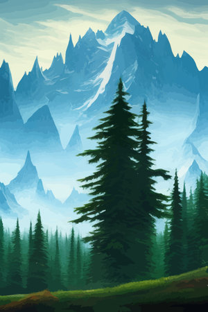 Landscape in scandinavian arctic forest, pine trees and snowy sunset, matte painting vector illustrationのイラスト素材