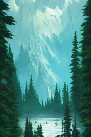 Landscape in scandinavian arctic forest, pine trees and snowy sunset, matte painting vector illustrationのイラスト素材