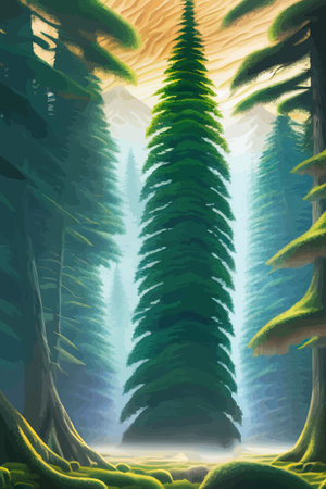Landscape in scandinavian arctic forest, pine trees and snowy sunset, matte painting vector illustrationのイラスト素材