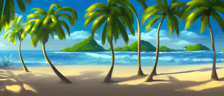 Stunning tropical beach with crystal clear water, palm trees, and blue sky, with copy space. Summer landscapeのイラスト素材