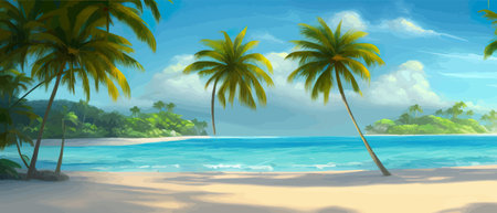 Stunning tropical beach with crystal clear water, palm trees, and blue sky, with copy space. Summer landscapeのイラスト素材