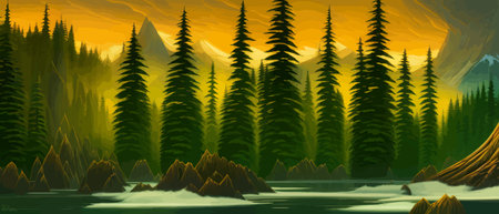 Landscape in scandinavian arctic forest, pine trees and snowy sunset, matte painting vector illustrationのイラスト素材