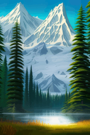 Landscape in scandinavian arctic forest, pine trees and snowy sunset, matte painting vector illustrationのイラスト素材
