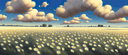 Summer landscape field daisies against backdrop mountains. Wild nature with sky with clouds sunset sun. Wild grassのイラスト素材