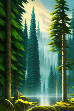 Landscape in scandinavian arctic forest, pine trees and snowy sunset, matte painting vector illustrationのイラスト素材