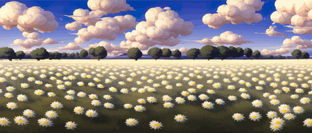 Summer landscape field daisies against backdrop mountains. Wild nature with sky with clouds sunset sun. Wild grassのイラスト素材