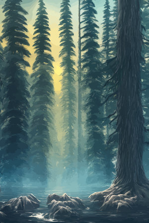 Landscape in scandinavian arctic forest, pine trees and snowy sunset, matte painting vector illustrationのイラスト素材