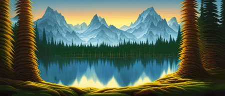 Landscape in scandinavian arctic forest, pine trees and snowy sunset, matte painting vector illustrationのイラスト素材