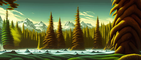 Landscape in scandinavian arctic forest, pine trees and snowy sunset, matte painting vector illustrationのイラスト素材