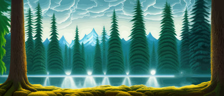Landscape in scandinavian arctic forest, pine trees and snowy sunset, matte painting vector illustrationのイラスト素材