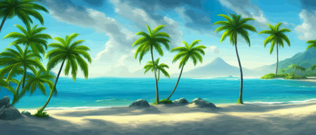 Stunning tropical beach with crystal clear water, palm trees, and blue sky, with copy space. Summer landscapeのイラスト素材